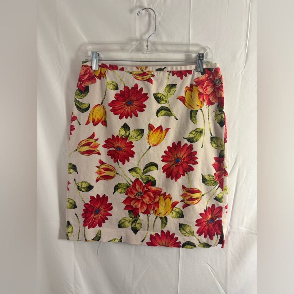 Cream+Vibrant Red Floral Cottagecore Garden Midi Skirt‎ Women’s Size L